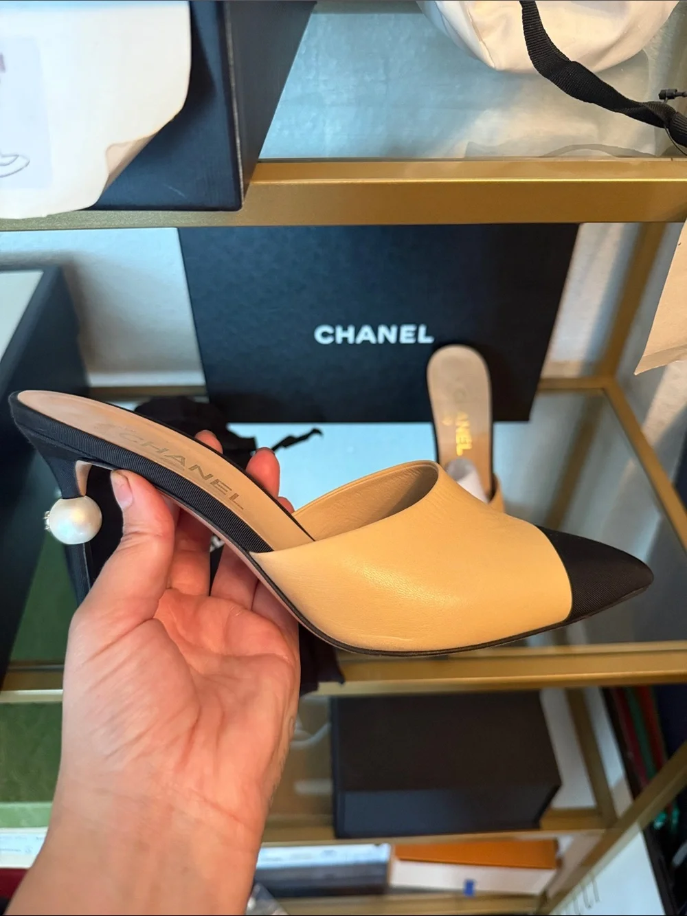 CHANEL Two-Tone Pointed Leather Mule in Beige and Black with Pearl Heel